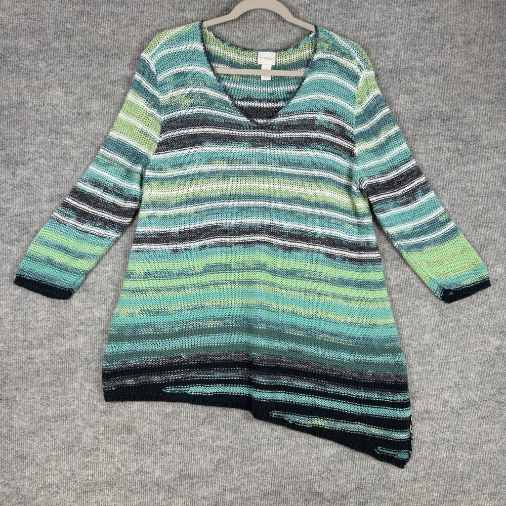 Chicos Size-3 Blouse Coverup Top Blue Green Knit Crochet Striped Tropical